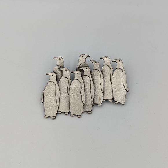 Vintage JJ Pewter Penguins Pin Brooch signed  1988 - Picture 2 of 7